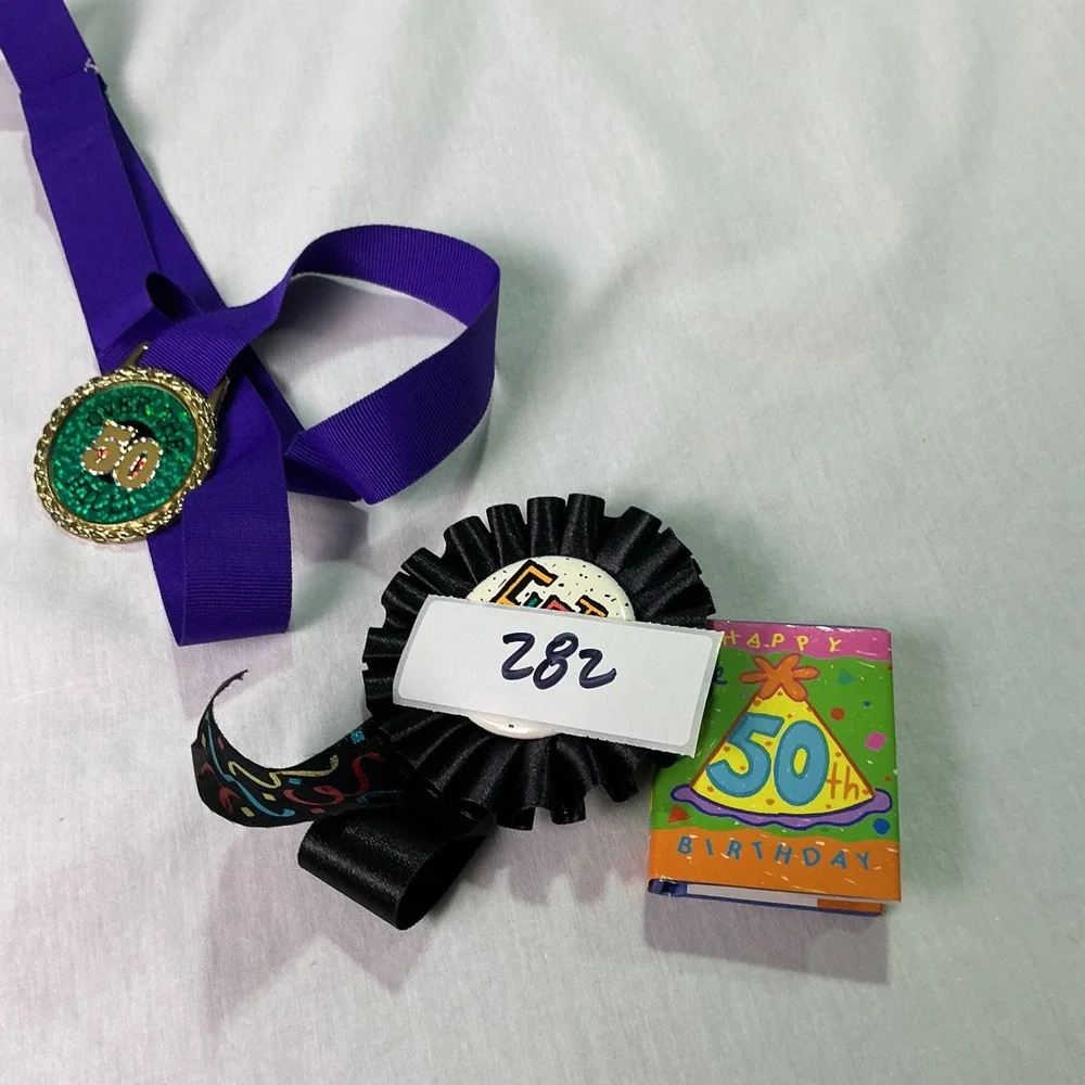50th Birthday Over the Hill Medal Pin Mini Book Party Favor Set Used